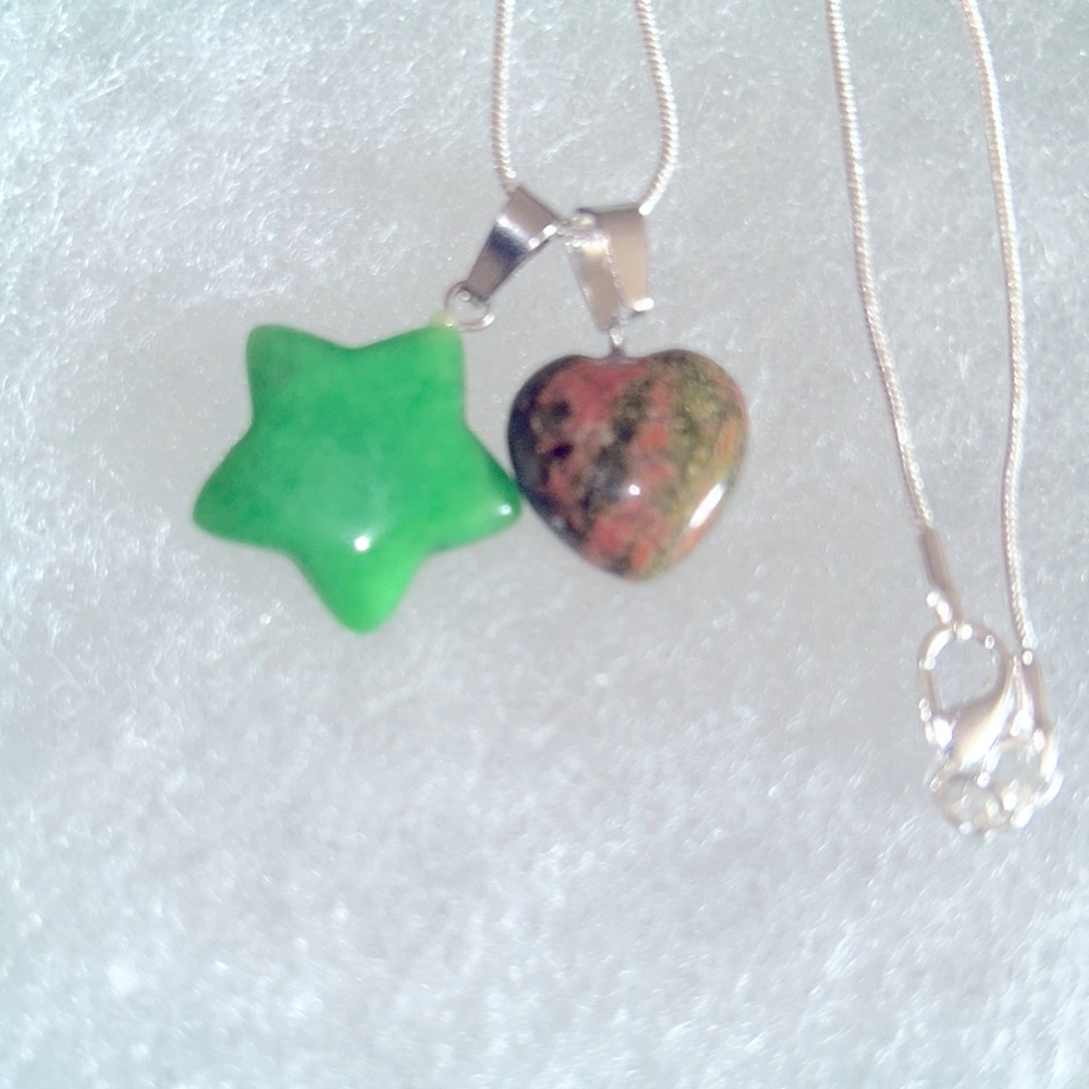 Jade Star and Unakite Heart sterling silver 16” necklace
